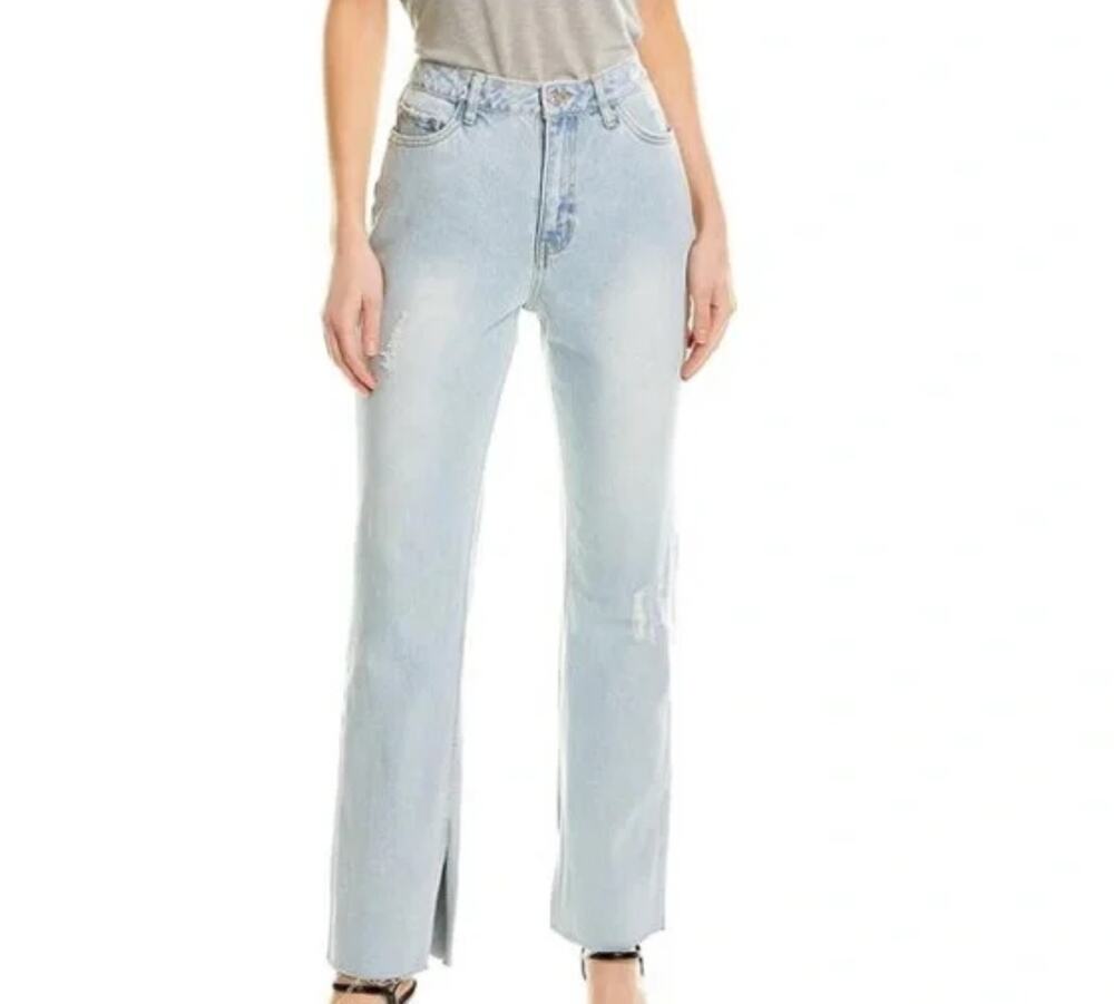 Avec Les Filles Light Wash Distressed Straight Leg Split Seam Jeans Womens 30